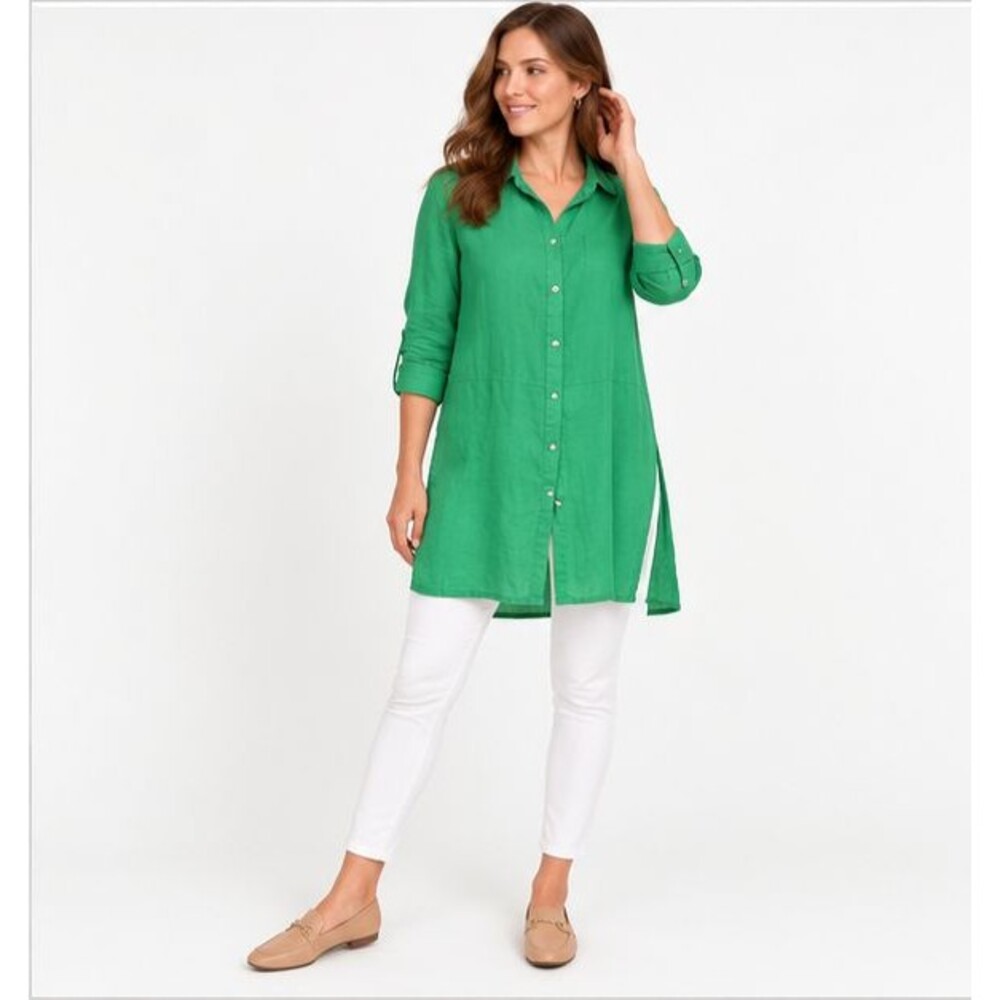Minimalist Linen Longline Tunic Shirt Green Tahari S Deep Side Slits Lagenlook